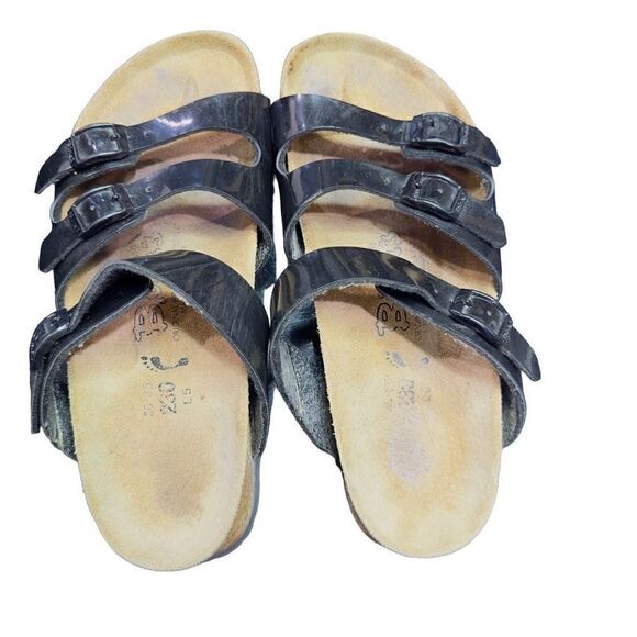 BIRKENSTOCK Florida Shoes Leather Birko-Flor Suede Black Patent Leather Sandals - Picture 2 of 4